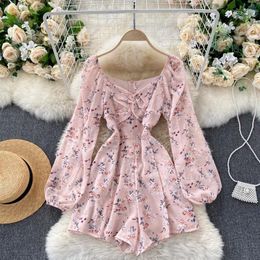 Casual Dresses Korean Version Of The One-piece Suit V-neck Puff Sleeves Folds Slim Slimming Floral Wide-leg Jumpsuit Trend