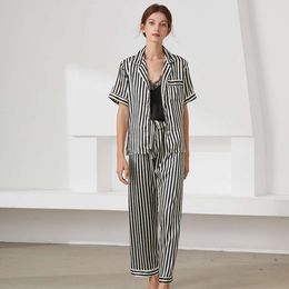 2024 Fashion striped home suit three piece set for women's lapel short sleeved pajamas thin suspender long pants short sleeved set