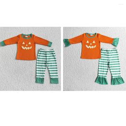 Clothing Sets Wholesale Halloween Embroidered Pumpkin Long Sleeve Green Striped Pantsuit For Baby Boys And Girls Matching Boutique Pajamas