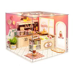 DIY Wooden Building Model Toy Battery Powered Landscape Room with Dust Cover Miniature House Kit for Holiday Gifts