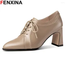 Dress Shoes FENXINA Size 34-40 Genuine Leather Women Pumps Lace Up Thick High Heels Pointed Toe Ladies Office