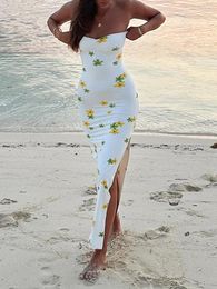 Casual Dresses Womens Summer Tube Dress Floral Print Strapless Slit Hem Slim Long For Party Skin Friendly S M L