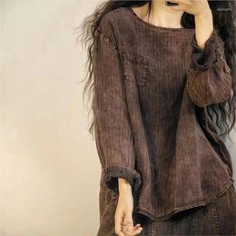 Women's T Shirts Johnature 2024 Woman Spring Fashion Linen Retro Stripe Long Sleeves T-Shirt Chinese Style Vintage Loose Solid Colour