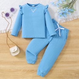 Clothing Sets 2024 Set Girls Long Sleeve O Neck Ruffles T-shirt Blue Trousers Cute 2 Pcs Casual Clothes 5-9T