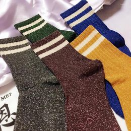 Women Socks Harajuku Glitter Striped Filigree Stockings Shiny Silver Silk Loose Female Fashion Bright Sequin Cotton