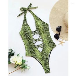 Women's Swimwear Snakeskin Print Plunge Neck Cut Out Backless Halter One Piece Swimsuit