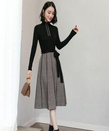 Casual Dresses Korean Fashion Long Sleeve Dress Women Clothing Patchwork Plaid Lace Up ALine Knitted Elegant Winter Midi Sweater6678487