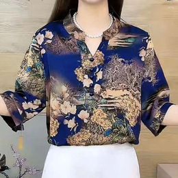 Women's Blouses Summer Chinese Style Retro Elegant Fashion Office Lady Loose Casual T-shirts For Women Landscape V Neck Short Sleeve Chic