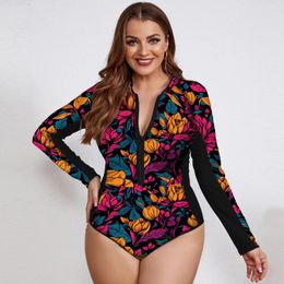 Women's Swimwear Long Sleeve Print Floral 2024 Large Size One Piece Swimsuit Women Bathing Suit Vintage Surfing Swim