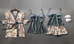 Women039s Sleepwear Summer Satin 4 Pieces Robe Sets Faux Silk Kimono Pyjamas For Women Flower Print Sexy Plus Size Nightgowns S6162591