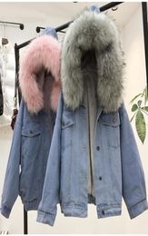 Women039s Denim Jacket With Fur Winter Jeans Hooded Velvet Coat Female Faux Fur Collar 2020 Padded Warm Jackets Bomber Windbrea4247135