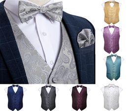 Men039s Vest Gold Red White Blue Solid Paisley Silk Wedding Vest For Men Bowtie Hanky Cufflink Cravat Set for Suit Tuxedo DiBan6774456