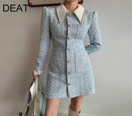 Spring Fashion Tweed Lapel Collar Dress Women Middle And Long Foreign Style Light Blue Summer GX1222 2104216562406