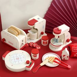 Wooden Kitchen Playset Kids Pretend Play Cooking Kitchen Toy Toaster Coffee Mixer Waffle Maker Montessori Learning Toys Gifts 240507