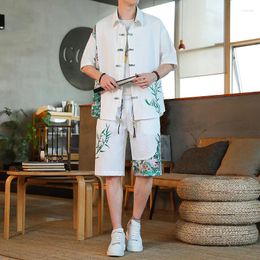 Men's Tracksuits Summer Fashion Breathable Two Pieces Suit Casual Outdoor Streetwear Frog Button Shirt With Shorts Loose Clothing Set XXXXL