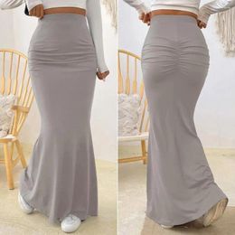 Skirts Women Maxi High Waist Solid Color Fishtail Skirt Slim Fit Hip Lifting Ankle Length Shirring Long Faldas