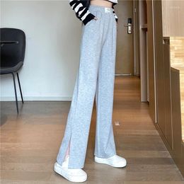 Women's Pants 2024 Autumn Side Split Wide Leg Female Trousers Elastic Waist Woman Floor-length Casual Lady Fleece Boot Cut