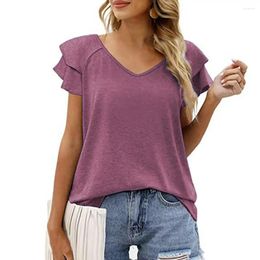Women's Blouses Lightweight Summer Top For Women Stylish Double Layer Ruffle V-neck T-shirt Collection Solid Colour Streetwear
