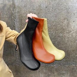 Boots Drop Fashion Black Orange Nude Sheep Skin Big Square Toe Ankle Genuine Leather 7 Cm Heels Elastic Short