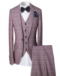 New Pattern Formal Men Mens Pink Fashion Dress Plaid Suit Blazer Jacket Vest Trousers Set 3Piece Wedding Prom Party53152785982222