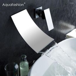 Bathroom Sink Faucets Waterfall Wall Faucet Single Handle Polished Chrome Basin Mixer Tap Wide Spout Mounted