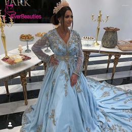 Party Dresses Blue Moroccan Evening V Neck Appliques Mother Dress Arabic Muslim Arabia Special Occasion Dubai Gowns