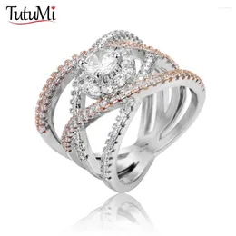 Cluster Rings Women's Jewelry S925 Silver Ring Rose Gold Plated Color Separation Female Creative Cross Zircon Engagement