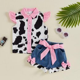 Clothing Sets Western Baby Girl Denim Outfits Cow Print Shirt Toddler Ruffle Sleeve Button Down Tops Bowknot Wide Leg Jean Shorts