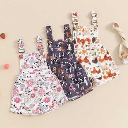 Jumpsuits Summer Kids Overalls Girls Suspender Shorts Flower/Chicken/Cow Print Jeans Strap Rompers Outfit Newborn Childrens Clothing Y240520M93D