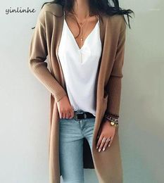 Khaki Long Cardigan Women Cashmere Solid Knit Sweater Women Long Sleeve Winter 2018 Ladies Pockets Cardigan Kimono 73718633965