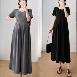 Maternity Dresses Pregnant womens fashionable summer cotton linen clothing casual womens solid black Grey dress retro round neck A-line pocket long dress d240520