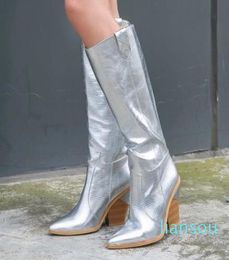 Small big size 11 colors gold knee high cowboy boots pointed chunky heel designer shoes9395115