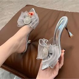 high Women crystal PVC Bowtie transparent stiletto Middle heel fashion lady outdoors open toes b03