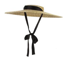 Summer Big Natural Straw Hats For Women Handmand Wide Brim Beach Visor Caps Elegant Flat Top Long Ribbon Lace-Up Sun Hat 240514