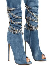 Fashion boots stiletto heel chain blue denim boots jeans peep toes high heels winter boots women shoes half botas party shoes1781254