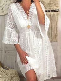 Party Dresses High Waist White Women Elegant Flare Sleeve Vestidos Summer Casual V-neck Hollow Out Lace Dress