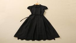 2022 Summer Cap Sleeve Lapel Neck Black Solid Colour Belted Panelled Lace MidCalf Dress Elegant Casual Dresses 22Q1923173905781