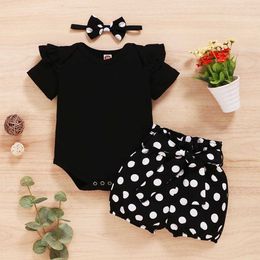 Clothing Sets 0-18Months Infants Baby Girl Set Black Short Sleeve Bodysuit + Polka Dot Shorts +Headband Newborn Baby Girl Summer Fashion 3Pcs Y240520RIOQ