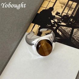Cluster Rings Silver S925 Sterling Niche Hand Inlaid Tiger'S Eye Stone Amber Mediaeval Wide Face Ring Female Fashion