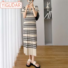 Maternity Clothes 2024 summer new lapel striped short sleeved stylish slim fit dress women high waisted long A-line retro skirt L2405