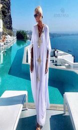Party Dresses 2022 Elegant Gold Embroidered Kaftan Retro Vneck White Dress Plus Size Women Clothes Summer Beach Wear Swim Maxi N12428540