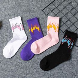 Women Socks Japanese Harajuku Cotton Hip Hop Contrast Color Flame Print Skateboard Ribbed Tube Hosiery