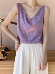Women's Tanks Camis Embossed Womens Summer V-neck Artificial Silk Satin Tank Top Thin Smooth T-shirt Silk Simple Y2k Za 2024 Y240518