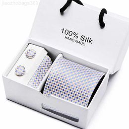 Neck Ties 100% Silk Jacquard Necktie White Geometric Tie Hanky Cufflink Set Ties For Men Gravatas Business Wedding Party Wholesale 240511