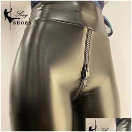 Womens Leggings Sexy Open Crotch Pants For Women Black Matte Leather Double Zipper Bodycon Trousers Ladies Exotic Slim Nightclub Cus Dh6Xq