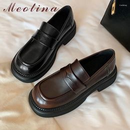 Dress Shoes Meotina Women Loafers Round Toe Platform Chunky Mid Heels Concise Design Ladies Fashion Spring Autumn Black Dark Coffee 40