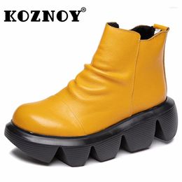 Boots Koznoy 6cm 2024 Cow Genuine Leather Warm Booties Spring Winter Plush Women ZIP Autumn Platform Wedge Ankle Rubber Big Size Shoes