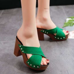 Designer Sandals High Heels Waterproof Platform Suede New Womens Slippers Summer Rivets Thick Crossed Shoes Daily Toe Exposure
