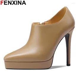 Dress Shoes FENXINA Size 34-41 Genuine Leather Women Pumps Stiletto High Heels Pointed Toe Platform Zip Ladies Office