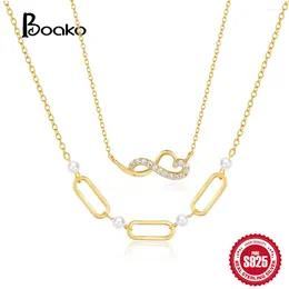 Pendants BOAKO 925 Sterling Silver Heart-shaped Zircon Necklaces For Women Paperclip With Summer Pearls Neck Chain 40cm Gold Colour Collar